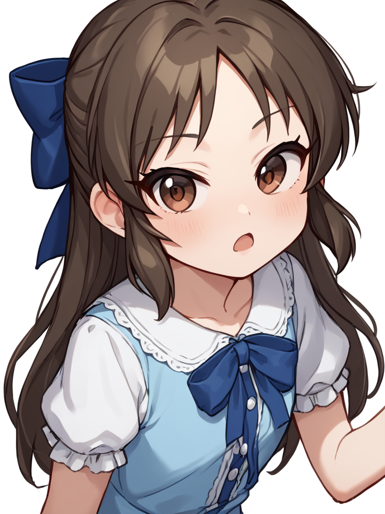 score_9,score_8_up,score_7_up, <lora:idolmaster_cinderella_all:1>ï¼1girl, absurdres, blue bow, blue shirt, brown eyes, brown hair, commentary request, hair bow, highres, leaning forward, long hair, looking at viewer, open mouth, short sleeves, simple background, sketch, solo, tachibana arisu,upper body, white background