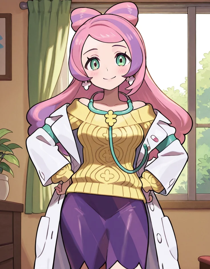 masterpiece, best quality, amazing quality, very aesthetic, absurdres,  newest, detailed background, 4k, 8k, outdoors, beautiful eyes, hyperdetailed, sugimori, jaggy lines,
miriamxd, 1girl, solo, earrings, smile, long hair, sweater, stethoscope, jewelry, green eyes, skirt, multicolored hair, purple skirt, indoors, window, looking at viewer, open coat, yellow sweater, purple hair, closed mouth, pink hair, off shoulder, long sleeves, blush, hand on hips, curtains, cable knit, open clothes, labcoat, 
 <lora:Nurse_Miriam_-_Pokemon_Illustrious:1>,  <lora:Sugimori_v2:1>