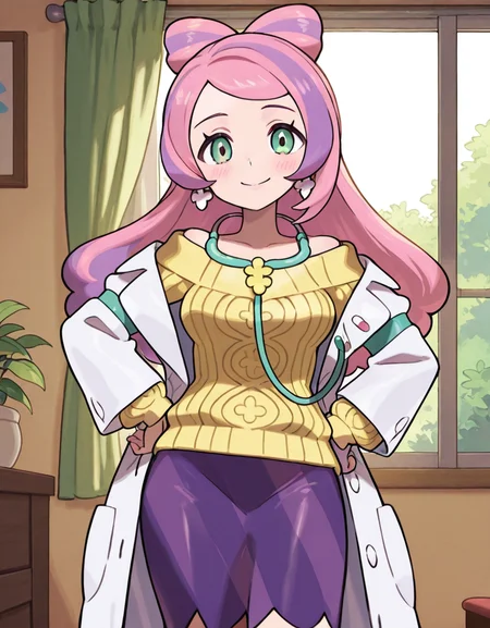 masterpiece, best quality, amazing quality, very aesthetic, absurdres,  newest, detailed background, 4k, 8k, outdoors, beautiful eyes, hyperdetailed, sugimori, jaggy lines,
miriamxd, 1girl, solo, earrings, smile, long hair, sweater, stethoscope, jewelry, green eyes, skirt, multicolored hair, purple skirt, indoors, window, looking at viewer, open coat, yellow sweater, purple hair, closed mouth, pink hair, off shoulder, long sleeves, blush, hand on hips, curtains, cable knit, open clothes, labcoat, 
 <lora:Nurse_Miriam_-_Pokemon_Illustrious:1>,  <lora:Sugimori_v2:1>