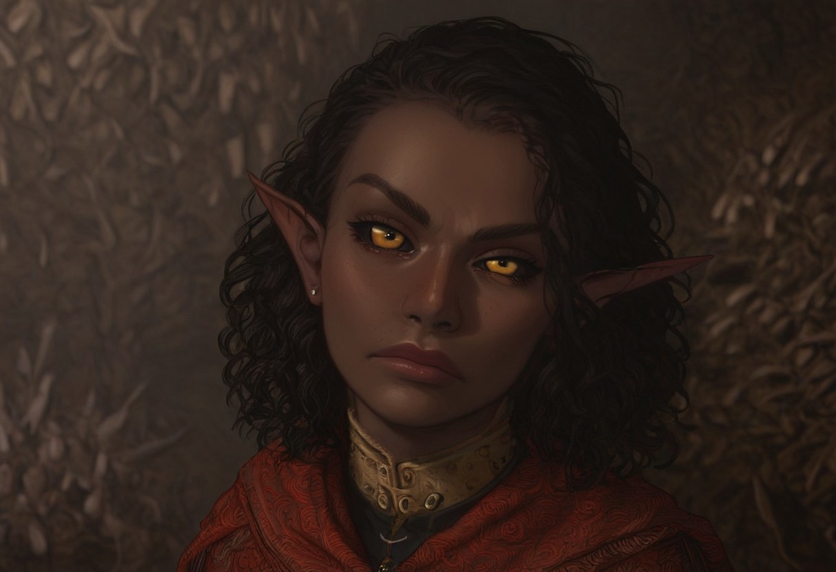 safe_pos, solo, short pointy ears, piercings, nord woman, random elf face, aquiline features, dark elf, weathered skin, large nose, animated realism, zoomed out, Syrian features, torso, subterranean, glowing mushrooms, mushroom forest, cave enviroment, large cavern, gloomy lighting, ancient ruins, interior, dark soil floor ,grey-blue skin, scarlet and gold clothes, medium armor, bone plate armor, ivory straps and fittings, grey wood neckguard, dark red sclera, black pupils, distant mushroom forest, blue-green light, neon, highly detailed, defined features, looking at viewer, three quarters view, from above, dynamic lighting, 36 years old, light and shadows, patterned cloth, determined expression, expressive eyes, detailed medieval clothes, medium_breasts, medium hair, wavy hair, thick hair, beaded hair, braided hair, under cut hair, semirealistic, alien elf, spanish features, jewish features, black hair, dark red hair, umber skin, sharp features, red persian print cloak, nighttime, high detail, absurdres, pretty eyes, detailed eyes, yellow eyes,