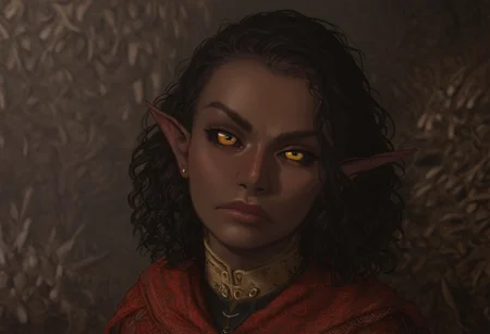safe_pos, solo, short pointy ears, piercings, nord woman, random elf face, aquiline features, dark elf, weathered skin, large nose, animated realism, zoomed out, Syrian features, torso, subterranean, glowing mushrooms, mushroom forest, cave enviroment, large cavern, gloomy lighting, ancient ruins, interior, dark soil floor ,grey-blue skin, scarlet and gold clothes, medium armor, bone plate armor, ivory straps and fittings, grey wood neckguard, dark red sclera, black pupils, distant mushroom forest, blue-green light, neon, highly detailed, defined features, looking at viewer, three quarters view, from above, dynamic lighting, 36 years old, light and shadows, patterned cloth, determined expression, expressive eyes, detailed medieval clothes, medium_breasts, medium hair, wavy hair, thick hair, beaded hair, braided hair, under cut hair, semirealistic, alien elf, spanish features, jewish features, black hair, dark red hair, umber skin, sharp features, red persian print cloak, nighttime, high detail, absurdres, pretty eyes, detailed eyes, yellow eyes,