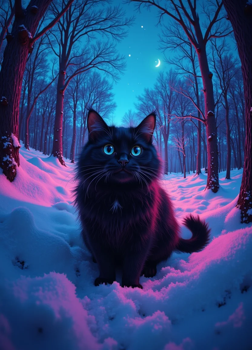 cinematic photo (extreme wide-angle fisheye camera:1.9), (black cat:1.1), winter night, snow, forest, (neon line art:0.9), realistic,  . 35mm photograph, film, bokeh, professional, 4k, highly detailed