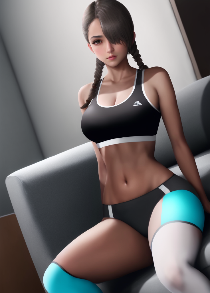 <lora:Etherium-dalia:0.8>, Etherium-dalia, 1girl, breasts, solo, dark grey hair, navel, medium breasts, hair over one eye, long hair, median furrow, twin braids, brown eyes, looking at viewer, blush, white sports bra, black pants, living room, sitting, couch