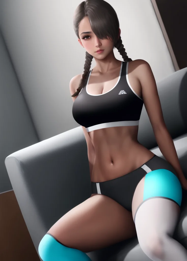 <lora:Etherium-dalia:0.8>, Etherium-dalia, 1girl, breasts, solo, dark grey hair, navel, medium breasts, hair over one eye, long hair, median furrow, twin braids, brown eyes, looking at viewer, blush, white sports bra, black pants, living room, sitting, couch