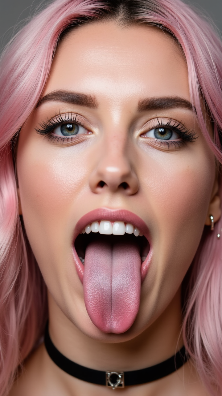 fair woman, open mouth, light pink hair, earrings, white teeth, choker, tongue, tongue out, mole, black choker, makeup, portrait, realistic, long tongue,