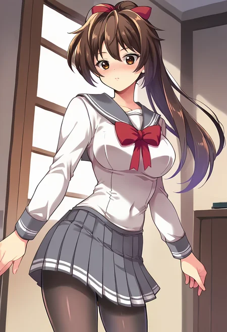 score_9, score_8_up, score_7_up, masterpiece, 1girl, source_anime BREAK 1girl, ct mor1, brown hair, brown eyes, high ponytail, large breasts, red bow, white shirt, puffy long sleeves, grey sailor collar, red bowtie, grey skirt, black pantyhose, thighs, looking at viewer, indoors, wooden wall, cowboy shot, <lora:MorisakiYui_Pony_ct-000011:1>