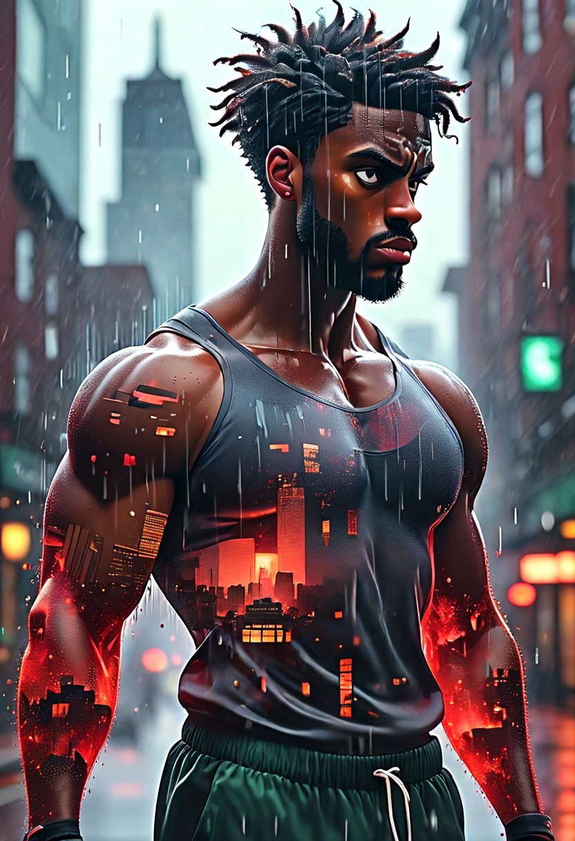Jed-dblexpsre effect, glitch art photo, novuschroma79 style, merged, anime
epic portrait of muscular black male, (dynamic pose:1.7), (sweat:1.5), (rain:1.5), merging with gym weights, (Boston cityscape:1.7), (Boston Celtics:1.4), (Red Sox:1.4), (double exposure:1.8), surrealist touch, (René Magritte style:1.6), (reality distortion:1.7), glitch art, dreamlike, (floating objects:1.5), (melting buildings:1.5), (distorted gym equipment:1.6), (MC Escher geometric paradoxes:1.8), (nighttime backdrop:1.6), (soft glowing fog:1.7), dramatic lighting, (neon tones:1.6), vibrant colors, (god rays:1.8), massive scale, (85mm lens style:1.8), cinematic depth