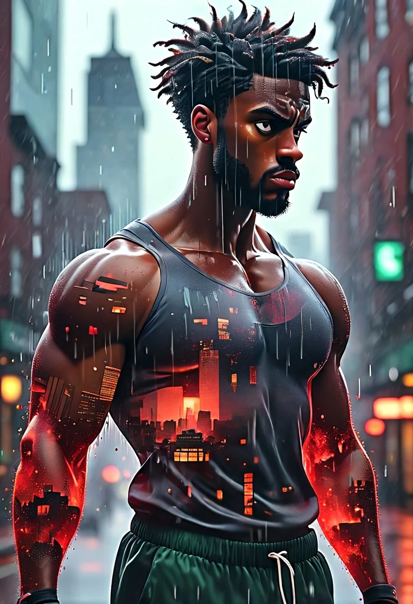 Jed-dblexpsre effect, glitch art photo, novuschroma79 style, merged, anime
epic portrait of muscular black male, (dynamic pose:1.7), (sweat:1.5), (rain:1.5), merging with gym weights, (Boston cityscape:1.7), (Boston Celtics:1.4), (Red Sox:1.4), (double exposure:1.8), surrealist touch, (René Magritte style:1.6), (reality distortion:1.7), glitch art, dreamlike, (floating objects:1.5), (melting buildings:1.5), (distorted gym equipment:1.6), (MC Escher geometric paradoxes:1.8), (nighttime backdrop:1.6), (soft glowing fog:1.7), dramatic lighting, (neon tones:1.6), vibrant colors, (god rays:1.8), massive scale, (85mm lens style:1.8), cinematic depth