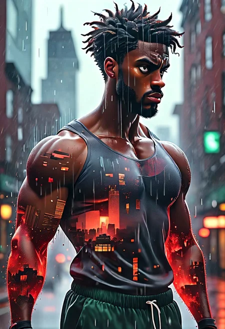 Jed-dblexpsre effect, glitch art photo, novuschroma79 style, merged, anime
epic portrait of muscular black male, (dynamic pose:1.7), (sweat:1.5), (rain:1.5), merging with gym weights, (Boston cityscape:1.7), (Boston Celtics:1.4), (Red Sox:1.4), (double exposure:1.8), surrealist touch, (René Magritte style:1.6), (reality distortion:1.7), glitch art, dreamlike, (floating objects:1.5), (melting buildings:1.5), (distorted gym equipment:1.6), (MC Escher geometric paradoxes:1.8), (nighttime backdrop:1.6), (soft glowing fog:1.7), dramatic lighting, (neon tones:1.6), vibrant colors, (god rays:1.8), massive scale, (85mm lens style:1.8), cinematic depth