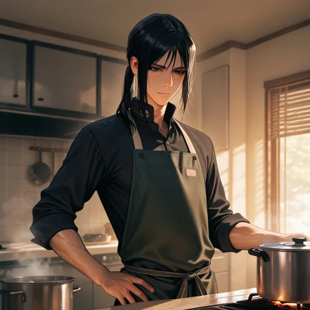 masterpiece, best quality, amazing quality, absurdres, newest, detailed background, definition so sharp, Ultra-HD, 8K cinematic, very awa, impressionate, amazing quality, highres, 
solo, male focus, manly, 
kurohyatogami, kuroh_black hair, kuroh_black eyes, 1boy, low tied hair, long hair, 
cooking, focused expression, apron, kitchen, steaming pot, warm lighting, cozy, caring, calm, cool, inviting, domestic
