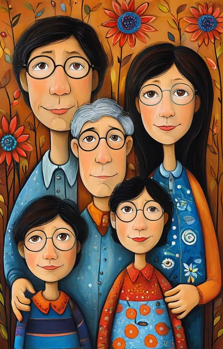 masterpiece,best quality,<lora:tbh146-sdxl:0.7>,portrait of family,illustration,style of Karla Gerard,