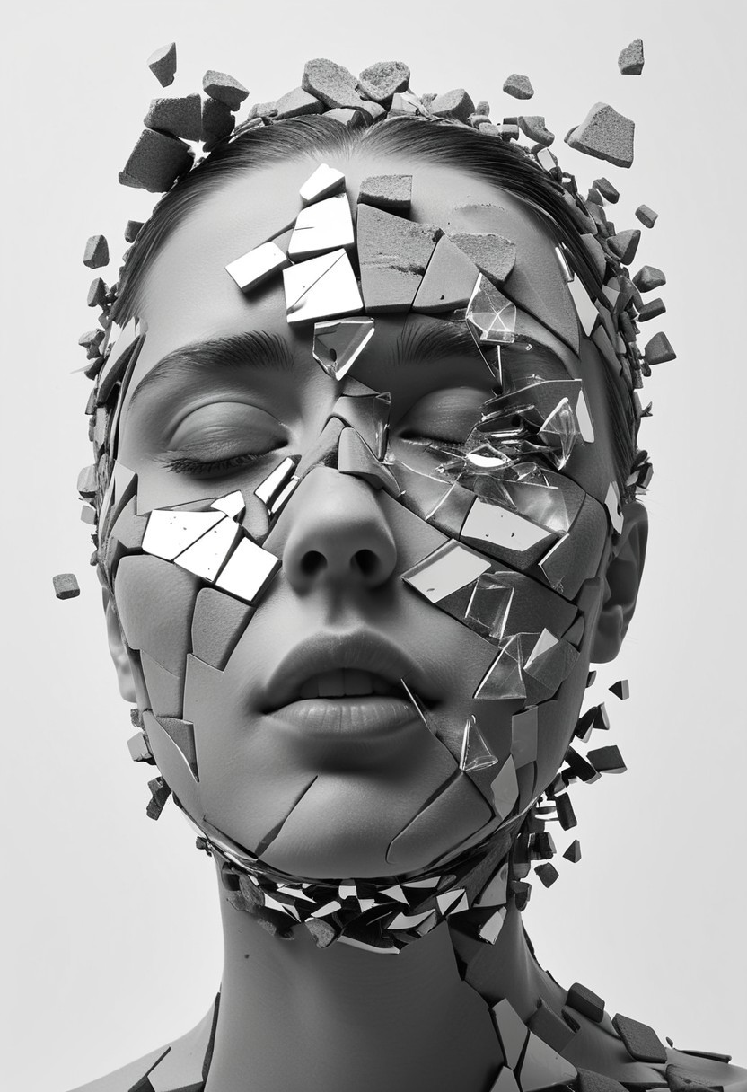 A 3D render of an abstract and surrealist portrait of a face in a state of disintegration or transformation. The face is composed of small, fragmented pieces, resembling shards of glass or broken stone, each piece holding a unique texture and shade. The pieces are dispersed throughout the image, with some clinging to the face and others floating in the surrounding space. The monochromatic color palette, predominantly in shades of gray, gives the image a somber and mysterious aura, reflecting the complex emotions and inner turmoil of the subject.
