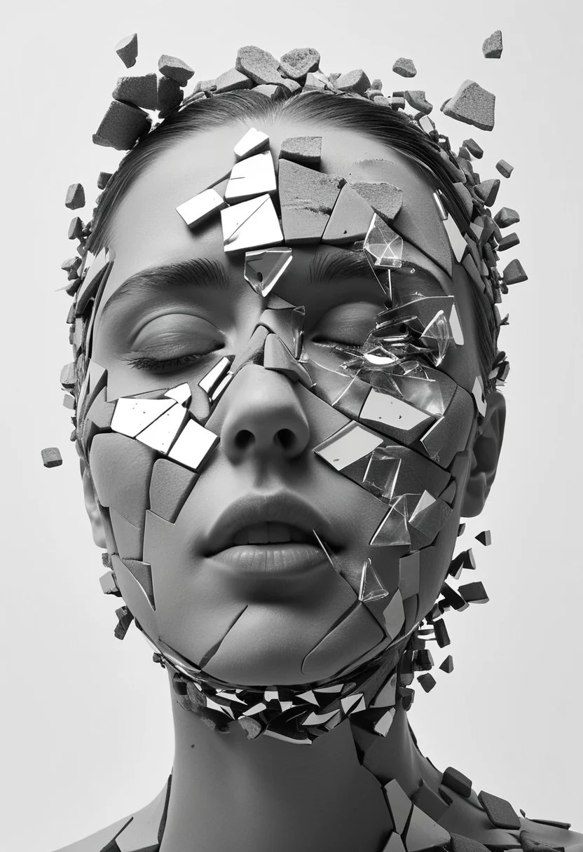 A 3D render of an abstract and surrealist portrait of a face in a state of disintegration or transformation. The face is composed of small, fragmented pieces, resembling shards of glass or broken stone, each piece holding a unique texture and shade. The pieces are dispersed throughout the image, with some clinging to the face and others floating in the surrounding space. The monochromatic color palette, predominantly in shades of gray, gives the image a somber and mysterious aura, reflecting the complex emotions and inner turmoil of the subject.