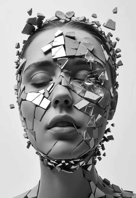 A 3D render of an abstract and surrealist portrait of a face in a state of disintegration or transformation. The face is composed of small, fragmented pieces, resembling shards of glass or broken stone, each piece holding a unique texture and shade. The pieces are dispersed throughout the image, with some clinging to the face and others floating in the surrounding space. The monochromatic color palette, predominantly in shades of gray, gives the image a somber and mysterious aura, reflecting the complex emotions and inner turmoil of the subject.