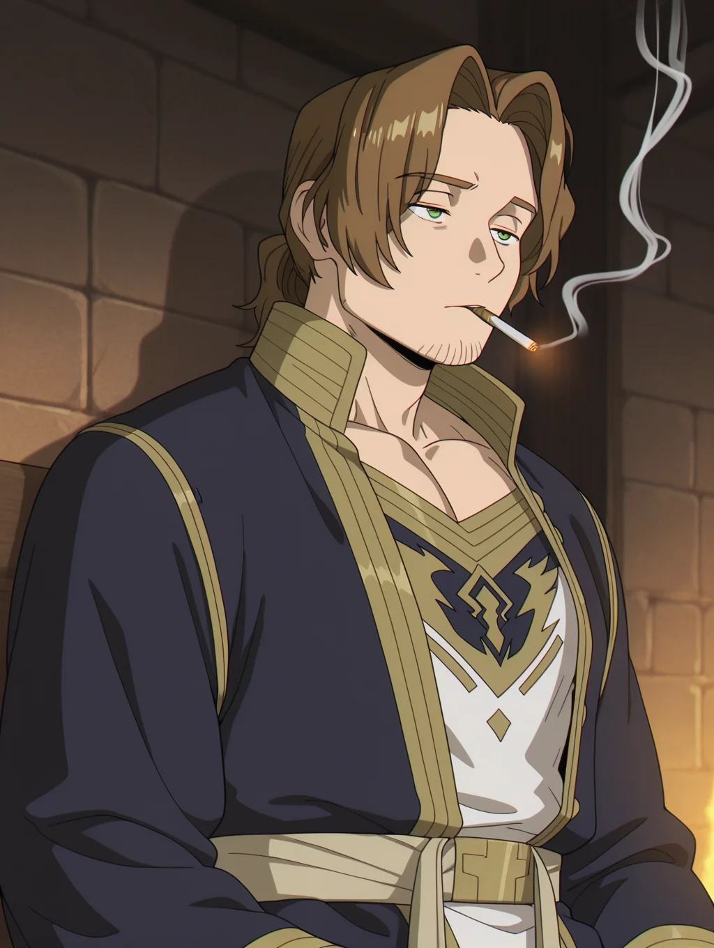masterpiece, best quality, amazing quality, 1 boy, bara, solo, green eyes, Sein, upperbody, smoking, robe