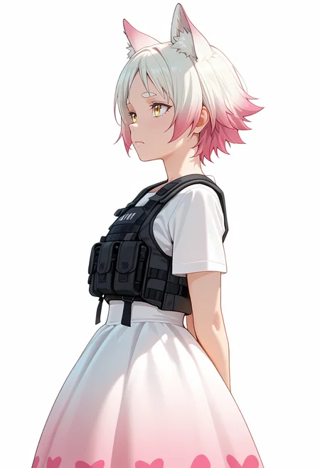 Smooth Quality,masterpiece,very intricate, high quality details, ultra realistic, high detailed skin,detailed enviorement,absurdres,
simple background, white background,solo,
standing, arms behind back, looking up, calm expression, relaxed posture, ,from side,worried,frown,
pinafore top, ,tactical vest, ,balloon skirt, ,
<lora:Momiji_cnn:0.8> momijicnn,1girl, wolf ears, yellow eyes, white hair, pink hair, short hair, gradient hair, thick eyebrows,