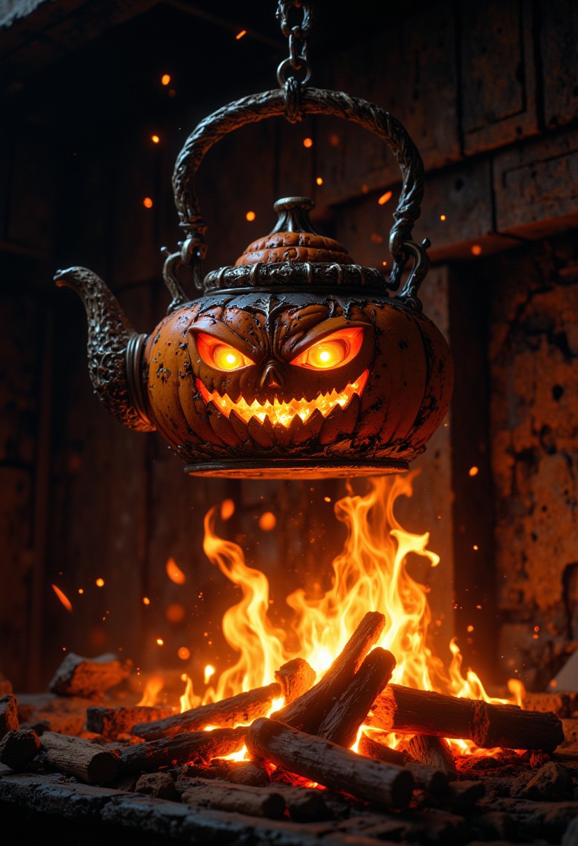 Hyper realistic portrait, photorealistic close-up photo. The image is a creepy, sinister, yet charming and cute fantasy digital illustration of a semi-realistic glowing demonic pumpkinhead teapot with sinister eyes hanging on a chain over a kitchen fire in a fireplace (photography, high resolution, dynamic, energetic, hyper realistic, dramatic lighting, shallow depth of field).