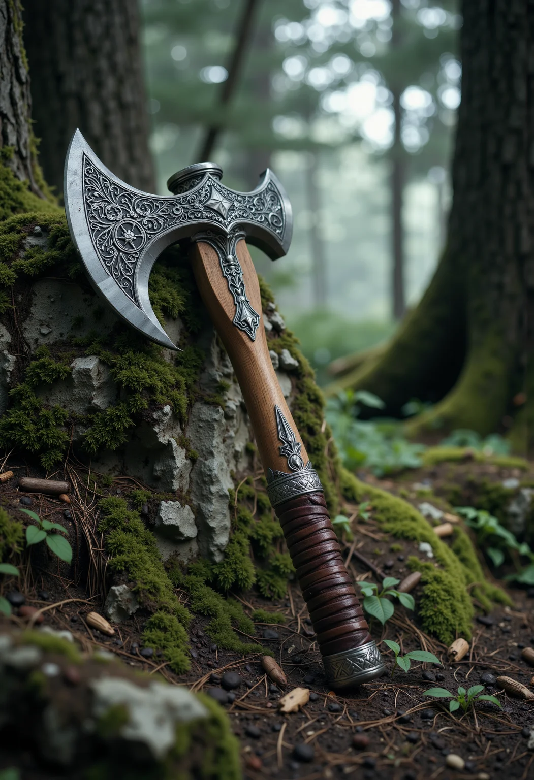 portrait, photorealistic photo close-up image of big Viking axe with intricate carvings on the blade, leaning against a moss-covered stone in a dense, misty forest. The axe is weathered, with worn leather on the handle, but gleams with a fierce history. Ultra sharp detail, flawless composition, muted natural colors, High Definition HD, ancient aesthetic, cinematic lighting, perfect outdoor realism, bokeh.(photography, high-resolution, dynamic, energetic,hyper-realistic, dramatic lighting, shallow depth of field.). High Detail, Perfect Composition, realistic photographic image, interesting backlighting<lora:Flux/MysticRealismS.safetensors:1.0:1.0>