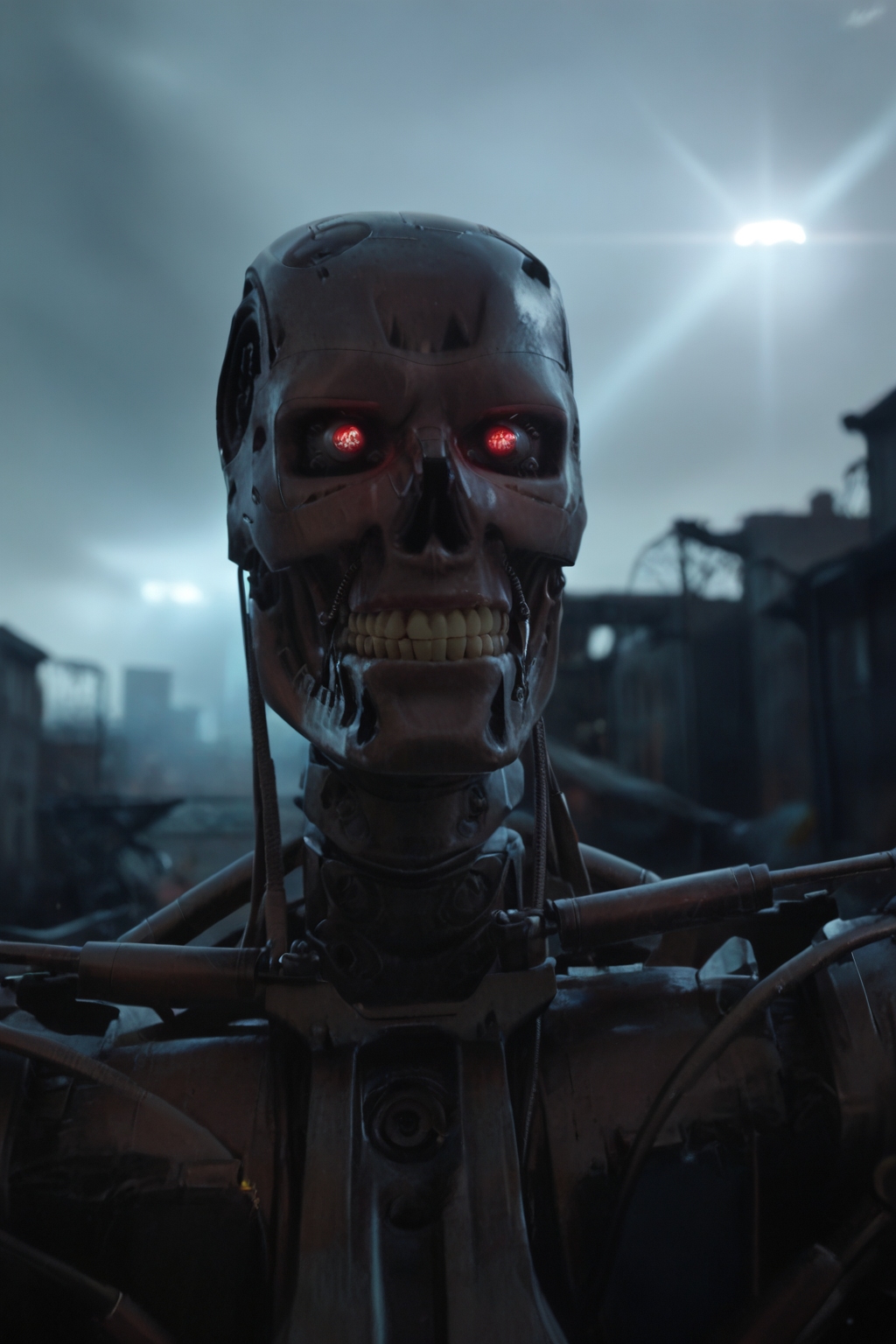 T800_Endo, Terminator robot, score_9, score_8_up, score_7_up, (source_IRL), masterpiece, high quality, highres RAW photo, ((close-up shot))
a T800_Endo Terminator Robot with red eyes, <lora:T800_Endo_Terminator_Pony_v1:1>
(standing)
in a destroyed apocalyptic city, dark cloudy skies, Apocalyptic Landscape, destroyed city
dynamic lighting, highly detailed, intricate details, shadows, sunbeams, light rays