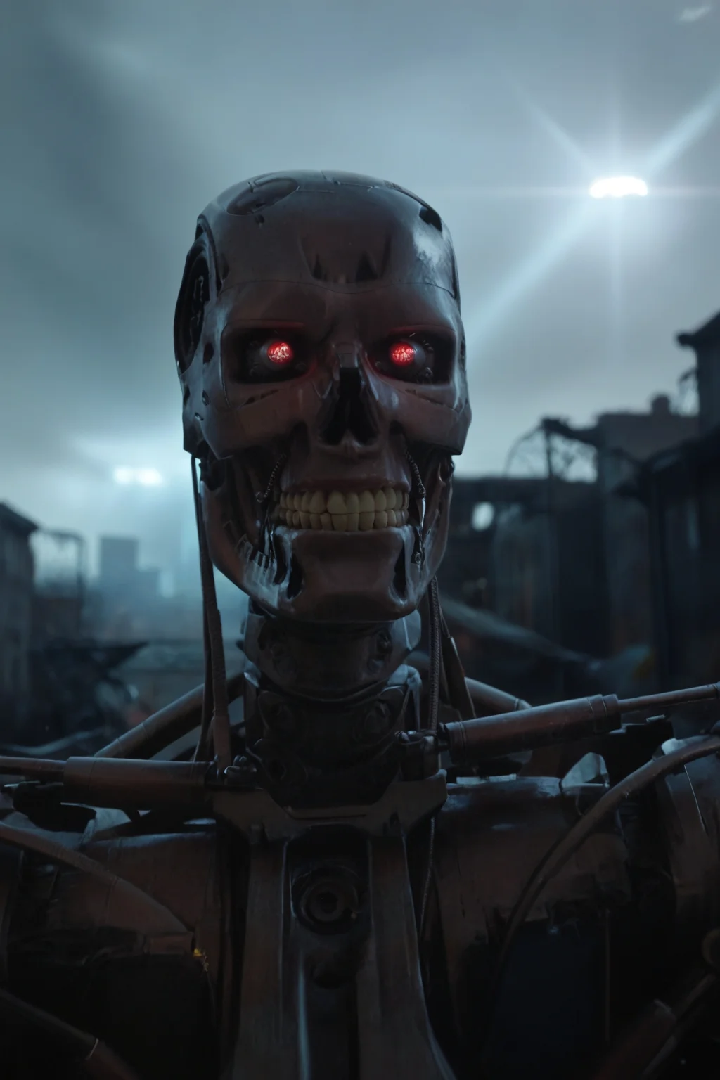 T800_Endo, Terminator robot, score_9, score_8_up, score_7_up, (source_IRL), masterpiece, high quality, highres RAW photo, ((close-up shot))
a T800_Endo Terminator Robot with red eyes, <lora:T800_Endo_Terminator_Pony_v1:1>
(standing)
in a destroyed apocalyptic city, dark cloudy skies, Apocalyptic Landscape, destroyed city
dynamic lighting, highly detailed, intricate details, shadows, sunbeams, light rays