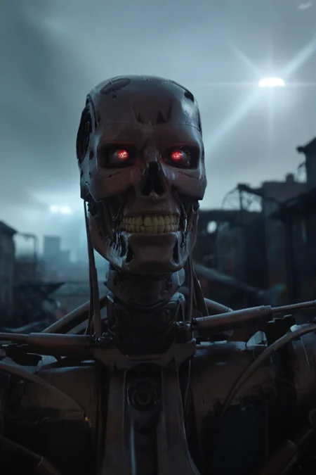 T800_Endo, Terminator robot, score_9, score_8_up, score_7_up, (source_IRL), masterpiece, high quality, highres RAW photo, ((close-up shot))
a T800_Endo Terminator Robot with red eyes, <lora:T800_Endo_Terminator_Pony_v1:1>
(standing)
in a destroyed apocalyptic city, dark cloudy skies, Apocalyptic Landscape, destroyed city
dynamic lighting, highly detailed, intricate details, shadows, sunbeams, light rays