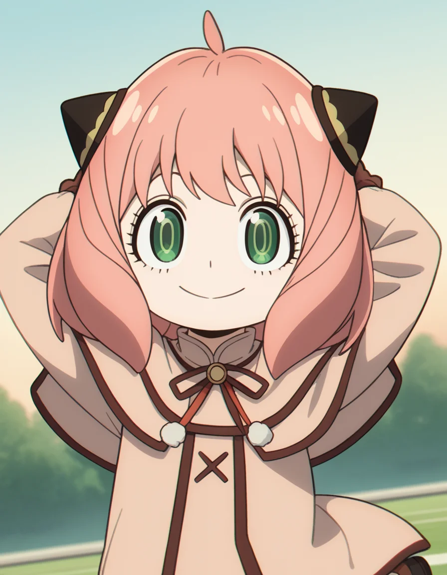score_9, score_8_up, score_7_up, source_anime, <lora:anya-forger-movie-ponyxl-lora-nochekaiser:1>, anya forger, anya (spy x family), bangs, green eyes, pink hair, ahoge, child, female child, hairpods,, gloves, long sleeves, ribbon, brown gloves, capelet, robe,, suburban neighborhood, morning jog, earphones, running shoes, fresh air, sunrise, smile, , hands behind head,, solo,, cowboy shot, dutch angle,