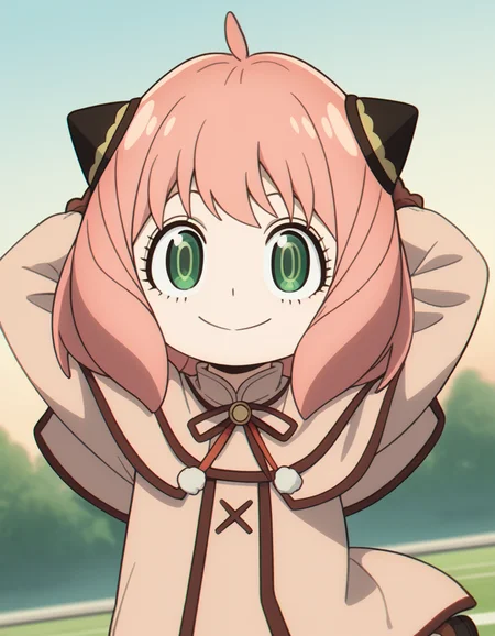 score_9, score_8_up, score_7_up, source_anime, <lora:anya-forger-movie-ponyxl-lora-nochekaiser:1>, anya forger, anya (spy x family), bangs, green eyes, pink hair, ahoge, child, female child, hairpods,, gloves, long sleeves, ribbon, brown gloves, capelet, robe,, suburban neighborhood, morning jog, earphones, running shoes, fresh air, sunrise, smile, , hands behind head,, solo,, cowboy shot, dutch angle,