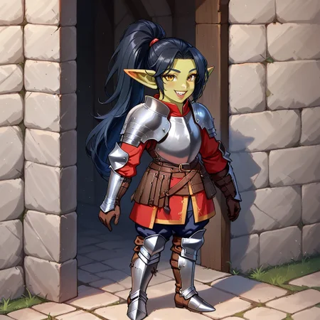 1girl, black hair, ponytail, sharp teeth, enormous lips, medieval armor, closeup, goblin woman, green skin, medieval clothes, large smile, (boisterous smile, mischievous smile), Expressiveh, yellow eyes, very muscular, pointed ears, female goblin, Goblin, solo, long hair, gremlin energy, very short woman, mega ponytail, fully clothed, short stature, shortstack, ((armored boots, boots, shoulder armor, armor, pants, greaves, gloves, long sleeves)), broad shoulders, huge arms, Knight
