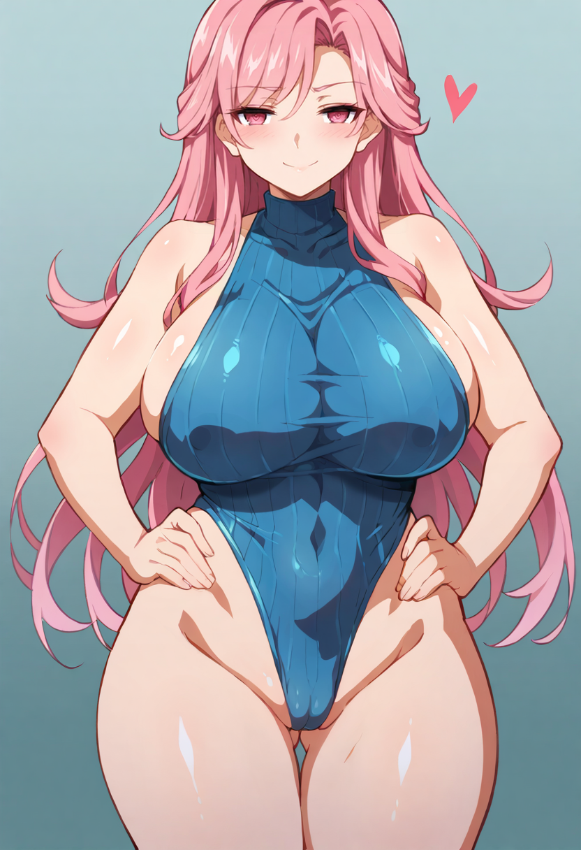 score_9, score_7_up,  1girl, 
huge breasts, wide hips, thick thighs, bare shoulders, leotard, blue leotard, sleeveless, thighs, smile, curvy, cameltoe, pink eyes, covered navel, genderswap, highleg, long hair, breasts, looking at viewer, mature female, blush, ribbed leotard, sleeveless turtleneck, highleg leotard, heart, genderswap \(mtf\), pink hair, hands on own hips, covered collarbone, solo, turtleneck, sleeveless turtleneck leotard
 <lora:wanaca-Style-PonyXL-GLoRA-000046:1>