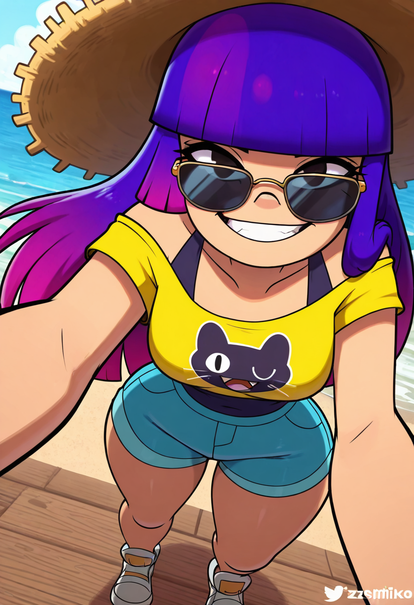 masterpiece, best quality, solo, curvy, beautiful eyes,  narrow waist, wide hips, zzMiko, long hair, purple hair, blunt bangs, multicolored hair,  dynamic angle, foreshortening, close up, smile, looking at viewer,   ,       <lora:MikoKubotaIXL:1.0>, [Retro Summer Vibes], Pink shirt, short shorts, oversized sunglasses, white sneakers, straw hat, Walking along a lively beach boardwalk with ocean breeze and soft sand underfoot; bright summer sun enhances the retro aesthetic.