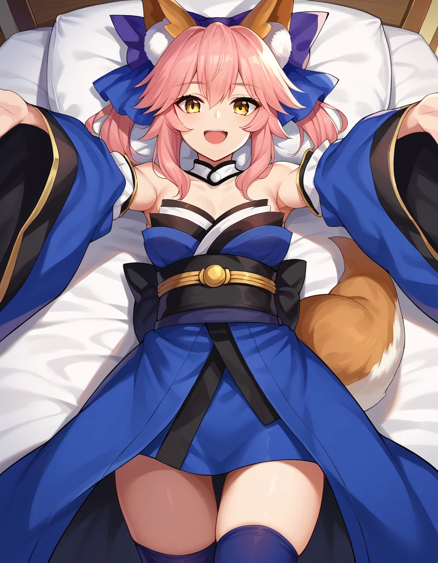 score_9, score_8_up, score_7_up, source_anime,
tamamonomae, <lora:tamamo-no-mae-ponyxl-lora-nochekaiser:1>,
tamamo, animal ear fluff, animal ears, fox ears, fox girl, fox tail, hair ribbon, pink hair, tail, yellow eyes, smile, mature female,
bare shoulders, blue kimono, blue ribbon, blue thighhighs, collarbone, detached sleeves, japanese clothes, kimono, thighhighs,
indoors, bed, bed room, on back, arm support, arms up, incoming hug, pov, reaching, reaching towards viewer,
looking at viewer, cowboy shot, dutch angle,