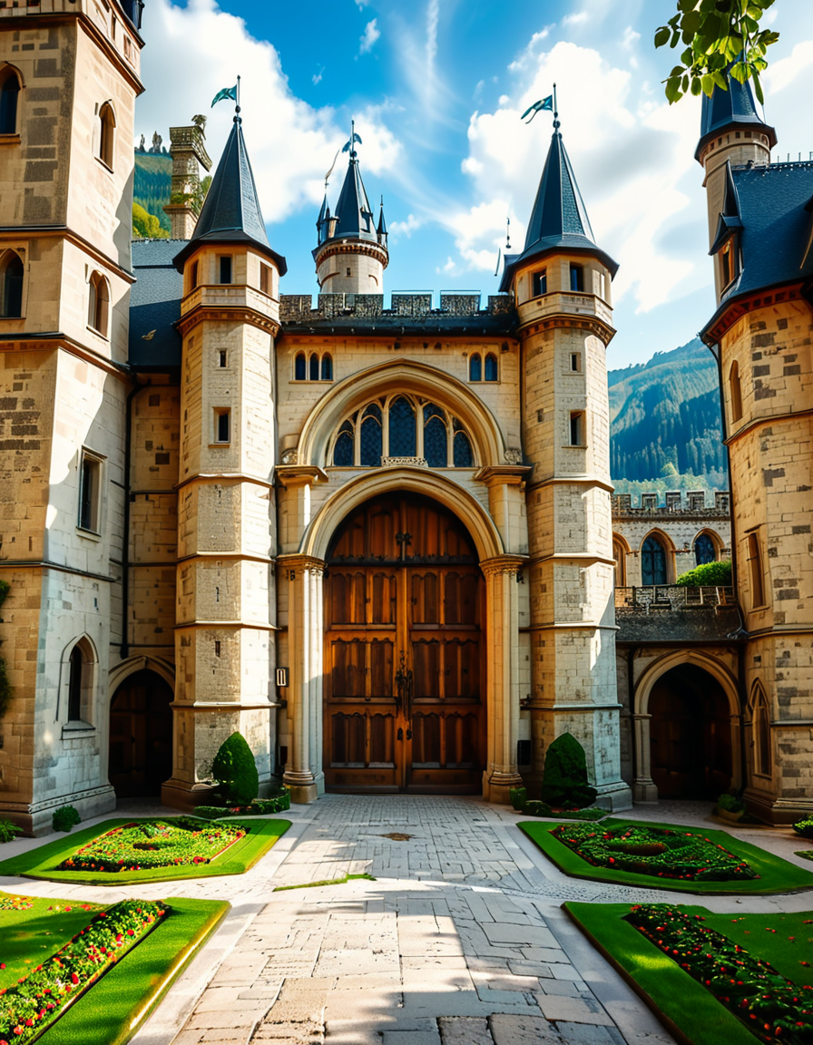 A highly detailed and realistic photograph of the massive entrance door of a medieval castle. The heavy wooden door is reinforced with large iron studs and intricate metalwork, set within a grand stone archway. The aged stone walls surrounding the entrance are weathered, covered in patches of moss and ivy, giving a sense of ancient history.
The cobblestone pathway leading to the door is slightly worn, with scattered fallen leaves and small tufts of grass growing between the stones. Above the entrance, a small, narrow window or arrow slit adds to the castleâs defensive design. The scene is illuminated by soft, natural light, casting shadows that highlight the textures of the stone and wood. The atmosphere is mysterious and majestic, evoking a sense of medieval grandeur.
<lora:SDXLFaeTastic2400:0.4> <lora:extremely_detailed:0.4> extremely detailed,  <lora:medieval_c4stl3_d00r:1>,medieval c4stl3 d00r, Masterpiece,best quality,hi res,8k,hi res,8k,award winning,(sharp focus, intricate, highly detailed),