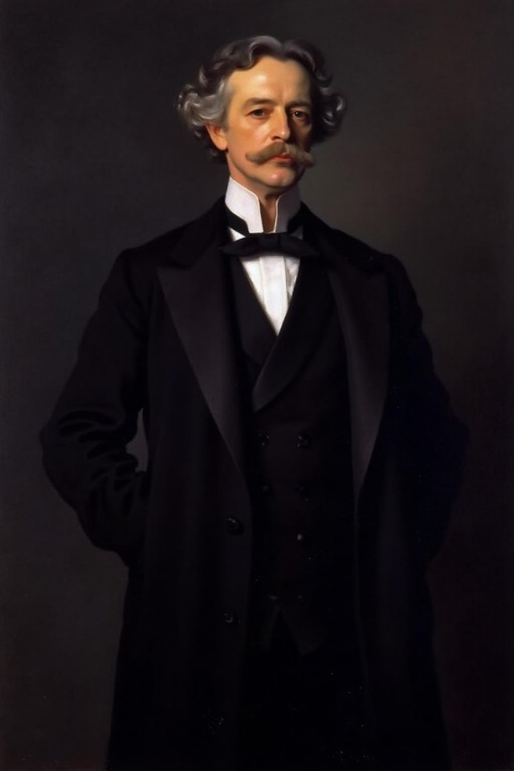 johnss1 painting.
A man in a black tuxedo with a white shirt and a black bow tie. The man has a mustache and a goatee. His hair is gray and curly. His eyes are dark and he has a serious look on his face. He is standing against a dark gray backdrop.
 <lora:johnss2_cap_d6a3:1.0><lora:829190337818792220:0>