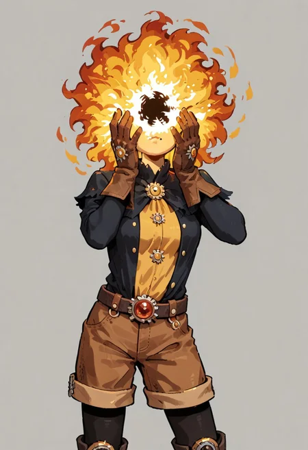score_9, score_8_up, score_7_up, solo,
lord_of_frenzy, fire head,
novakin, faceless, no eyes, no mouth, no nose, no facial features, short fiery yellow orange hair, body made of black plasma,
open hands, hands on face front,
hands on own head,
magical girl outfit, (steampunk dress:1.1), boots, (brown shorts:1.1), black tights, medium breasts, belt, gloves,
(headache:1.1), (mad:1.1), (lean back:1.1), (dynamic pose:1.2), head up, head tilt,
simple background, grey background,
in yoshidanatsumi artstyle