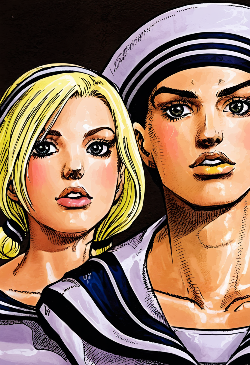 best quality, close up, a sailor man and a blond girl standing together, detailed faces, by araki hirohiko ,<lora:araki_hirohiko-000016:0.7>  <lora:add-detail-xl:0.4>