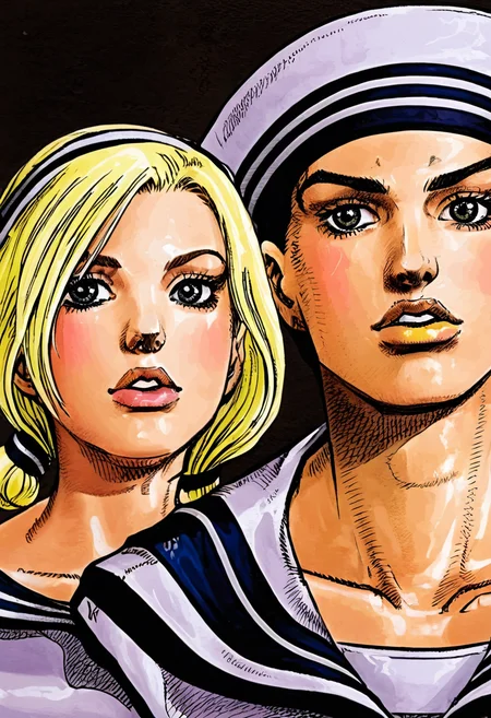 best quality, close up, a sailor man and a blond girl standing together, detailed faces, by araki hirohiko ,<lora:araki_hirohiko-000016:0.7>  <lora:add-detail-xl:0.4>
