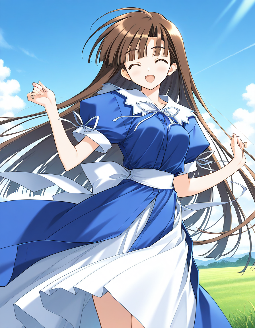 general,highres, ultra-detailed,very aesthetic,best quality ,best hands,  BREAK <lora:Mikage_Subaru_IS:1> Mikage_Subaru, 1girl,solo, brown hair, closed eyes, very long hair, bangs, medium breasts,
dress,  smile,  short sleeves, puffy sleeves, looking at viewer, bow, blue dress,  standing,  ribbon, white  skirt, open mouth, happy, up arms, white bow,
cowboy_Shot,
blue sky, day, grass,