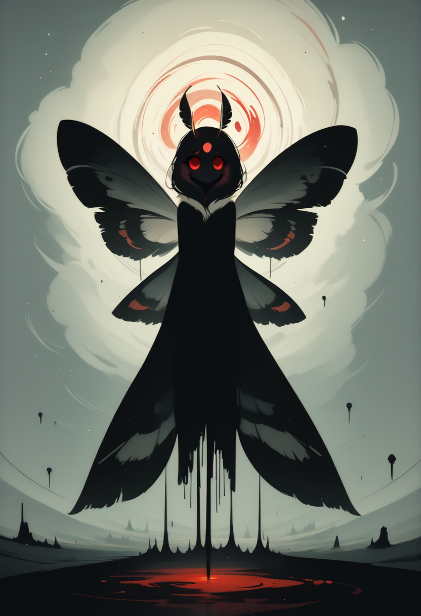 score_8_up, solo, moth, moth wings, 1girl, silhouette, sad, long legs, standing beneath lamp, looking at object, looking up, empty eyes, night, official wallpaper, simple background, negative space, red eyes, looking at viewer,  <lora:NoctAbstractConcept:1>