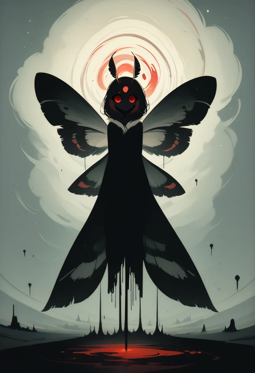 score_8_up, solo, moth, moth wings, 1girl, silhouette, sad, long legs, standing beneath lamp, looking at object, looking up, empty eyes, night, official wallpaper, simple background, negative space, red eyes, looking at viewer,  <lora:NoctAbstractConcept:1>