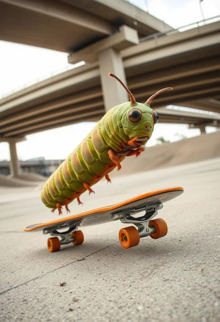 realistic photo of a caterpillar doing sick skateboard tricks. Low angle action shot. In a dedicated skate-park under an elevated highway.