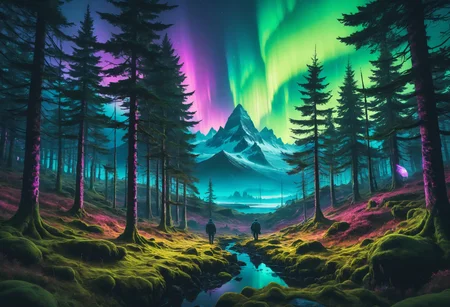 Psytrance Art, in mystical forests: immerse yourself in the mystical beauty of the enchanted forest in scotland's isle of skye, with its moss-covered trees and ethereal atmosphere, bilaterally symmetrical shot, flawless landscape with mesmerizing aurora on the background, neon lights, dystopian city, hackers, by Josan Gonzalez, Simon Stalenhag, Maciej Rebisz, Mike Winkelmann (Beeple), Darek Zabrocki (embedding:OverallDetailXL:0.8), morph-aurora