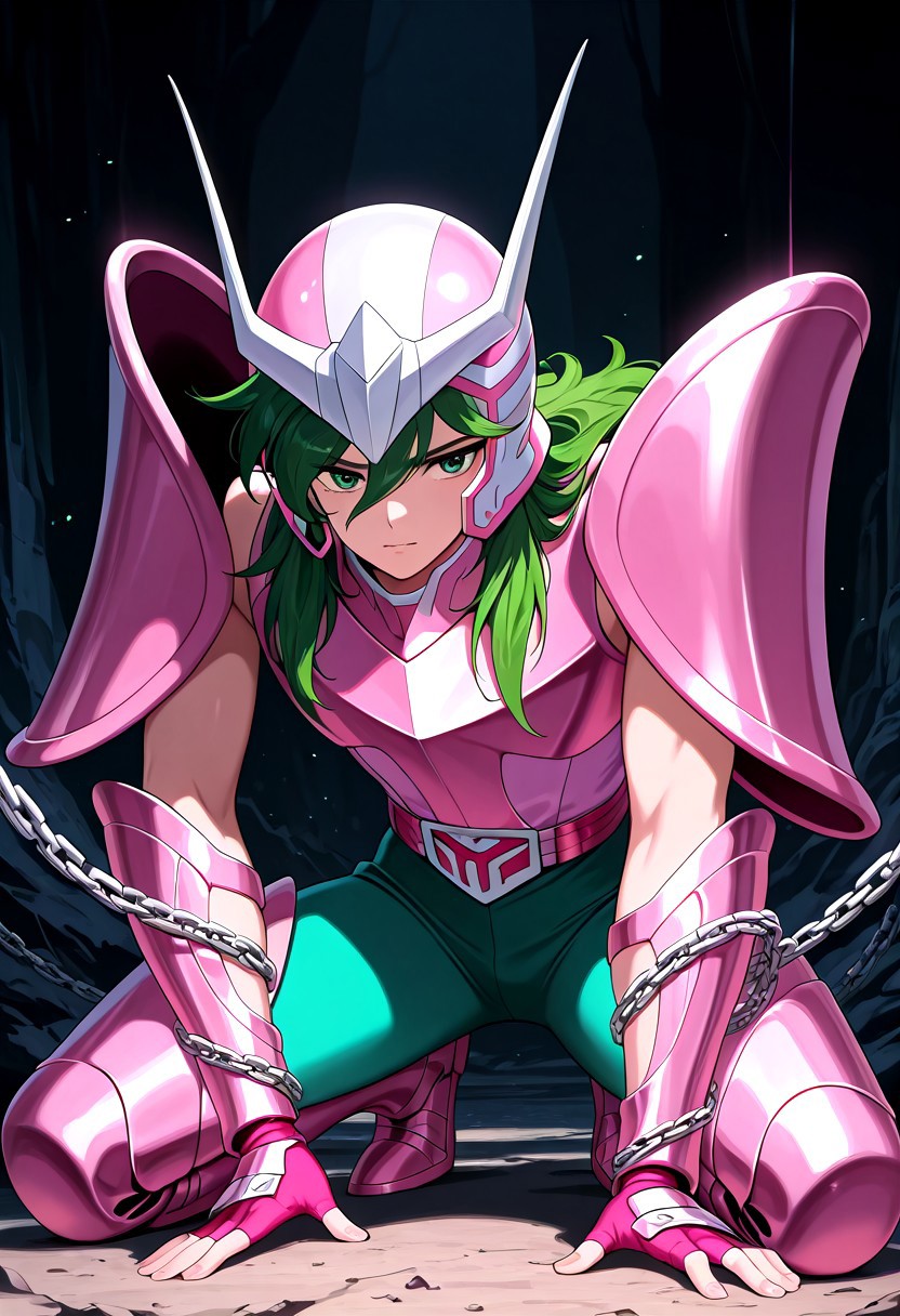 score_9, score_8_up, score_7_up, masterpiece, ANDROMESHUN,ANDRSHUNV1, 1boy, slender figure, pink pauldrons, pink two pronged helmet, long wavy green hair, green eyes, pink sleeveless armor, pink vambraces, fingerless pink gloves, pink thighhigh greaves, green pants, pink belt, pink boots, chains, kneeling