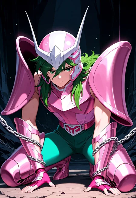 score_9, score_8_up, score_7_up, masterpiece, ANDROMESHUN,ANDRSHUNV1, 1boy, slender figure, pink pauldrons, pink two pronged helmet, long wavy green hair, green eyes, pink sleeveless armor, pink vambraces, fingerless pink gloves, pink thighhigh greaves, green pants, pink belt, pink boots, chains, kneeling