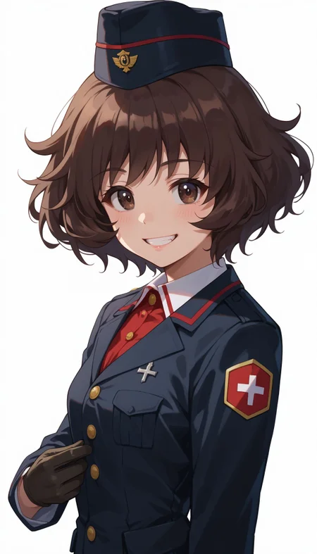 score_9, score_8_up, score_7_up, score_6_up, , solo, 20yo woman, (Beuty:1.1) , (cute:1.3), ,perfecteyes , seductive smile,perfect,
<lora:Akiyama:1>, 1girl, kuromorimine military uniform, brown hair, black gloves, smile, short hair, red shirt, looking at viewer, brown eyes, black headwear, white background, long sleeves, akiyama yukari, black jacket, bangs, military hat, garrison cap, simple background, grin, messy hair, upper body, dress shirt, insignia, adjusting clothes, wing collar, standing, from side