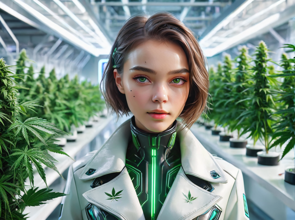 masterpiece,high quality,
420futurism,    <lora:420FuturismXL:0.8>
1girl,,close up,solo,female focus,looking at viewer, coat,futuristic, lab backround, indoors, plant,