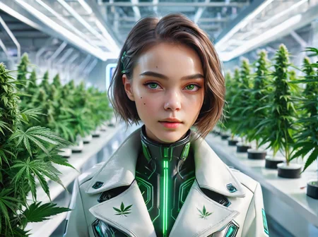 masterpiece,high quality,
420futurism,    <lora:420FuturismXL:0.8>
1girl,,close up,solo,female focus,looking at viewer, coat,futuristic, lab backround, indoors, plant,