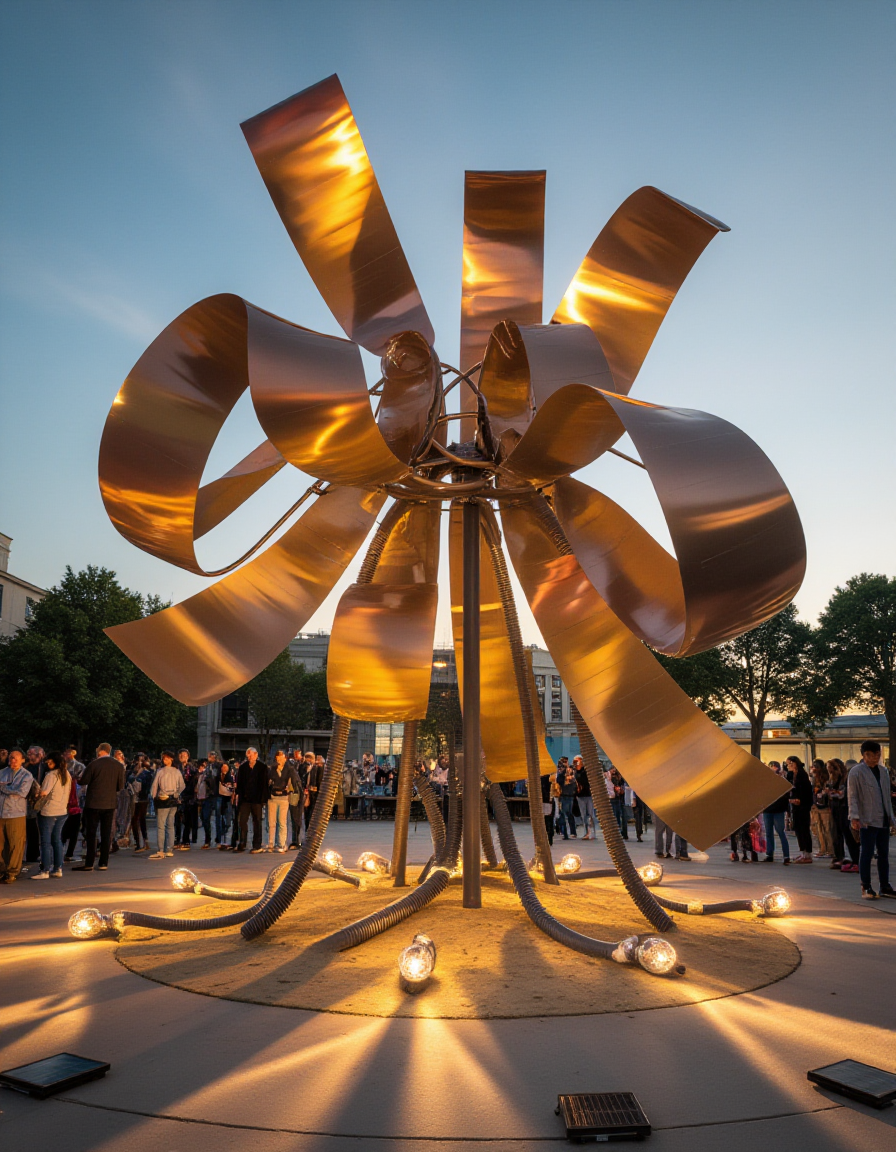 A freestanding sculpture of lightweight metallic ribbons mounted on flexible poles. The ribbons are coated in a gradient of gold to bronze, reflecting sunlight in dazzling bursts as they sway with the wind. Surrounding the sculpture are small solar-powered lights that cast warm, flickering shadows onto the ground at dusk. A small crowd gathers around, enjoying the serene motion and the dynamic light interplay as the golden tones shift with the setting sun.
<lora:ral-kntcscptr-flux:1>