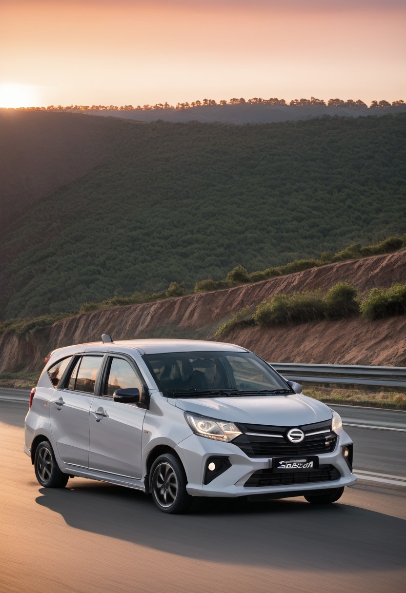 high resolution, best quality, Car, Daihatsu Sigra, Winding coastal road, sunset, cliffs,