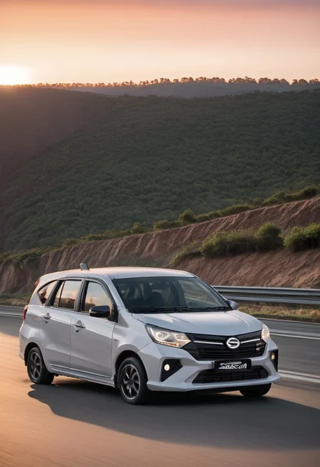 high resolution, best quality, Car, Daihatsu Sigra, Winding coastal road, sunset, cliffs,