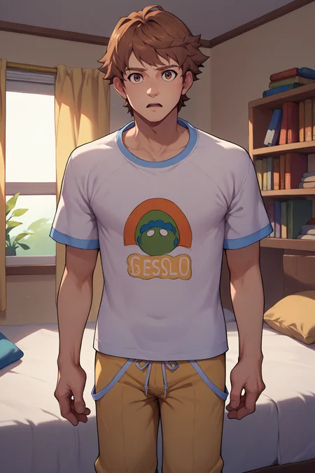 score_9, score_8_up, score_7_up, score_6_up, source_anime, 1boy, male focus, <lora:lloydbannings-pdxl-nvwls-v1:1> trailslloyd, brown hair, brown eyes, grey t-shirt, pajama pants, looking at you, indoors, bed, bookshelf, chestnut mouth